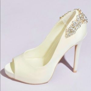 NIB Crystal-Wrapped Satin Peep-Toe Platform Heels